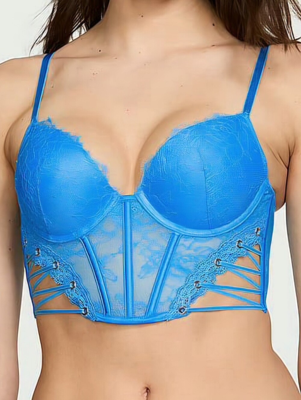 Victoria's Secret Very Sexy Push-Up Corset Top 34C Blue Embroidered Lace Bustier
